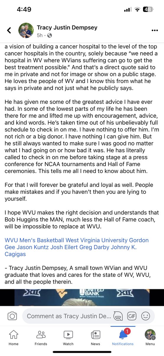 DempseyIJNWV's tweet photo. Bob Huggins is one of the greatest men the state of West Virginia has ever been able to call its own. He has done more for @WestVirginiaU and the state of West Virginia than anyone else. We all fall short &amp; make mistakes, &amp; we truly never know what others are going through. #WVU https://t.co/DNGWgb8E8u