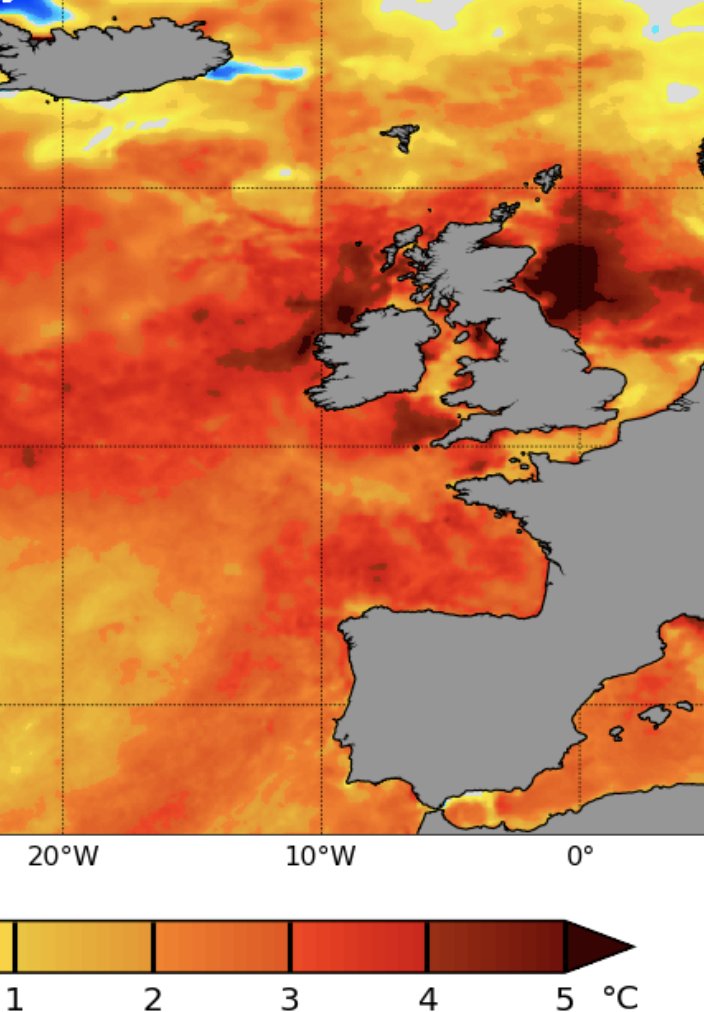 One of the most severe marine heatwaves on Earth has developed off the coast of Ireland and the UK, with water temperatures as high as 4-5°C above normal. 

NOAA's Marine Heatwave Watch has categorized this event as a Category 4 (extreme) marine heatwave.