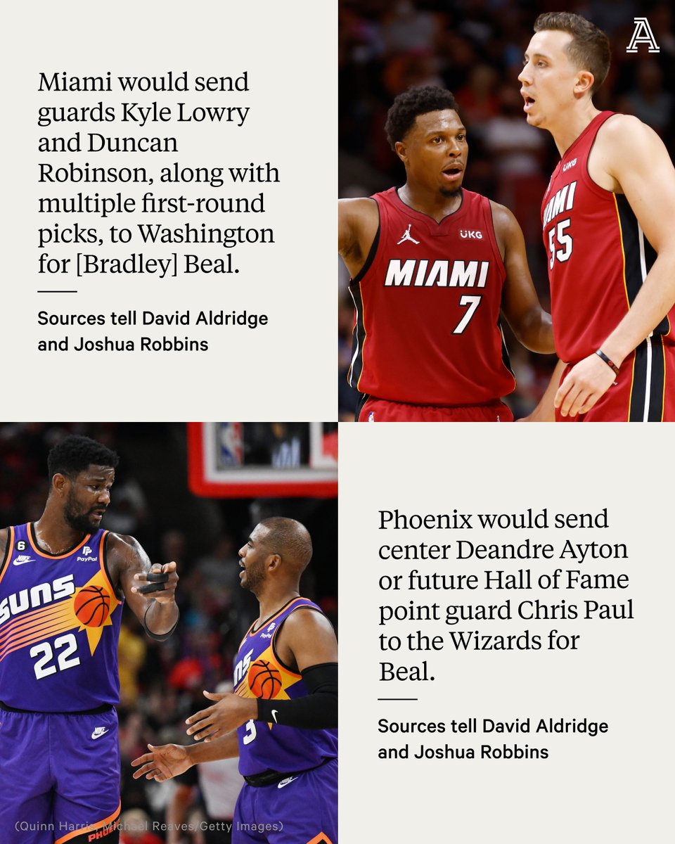 TheAthletic's tweet image. The Wizards are seriously contemplating two offers from the Heat and Suns in exchange for Bradley Beal.

Which package is more enticing for Washington? @davidaldridgedc and @JoshuaBRobbins have intel.

theathletic.com/4619216/2023/0…