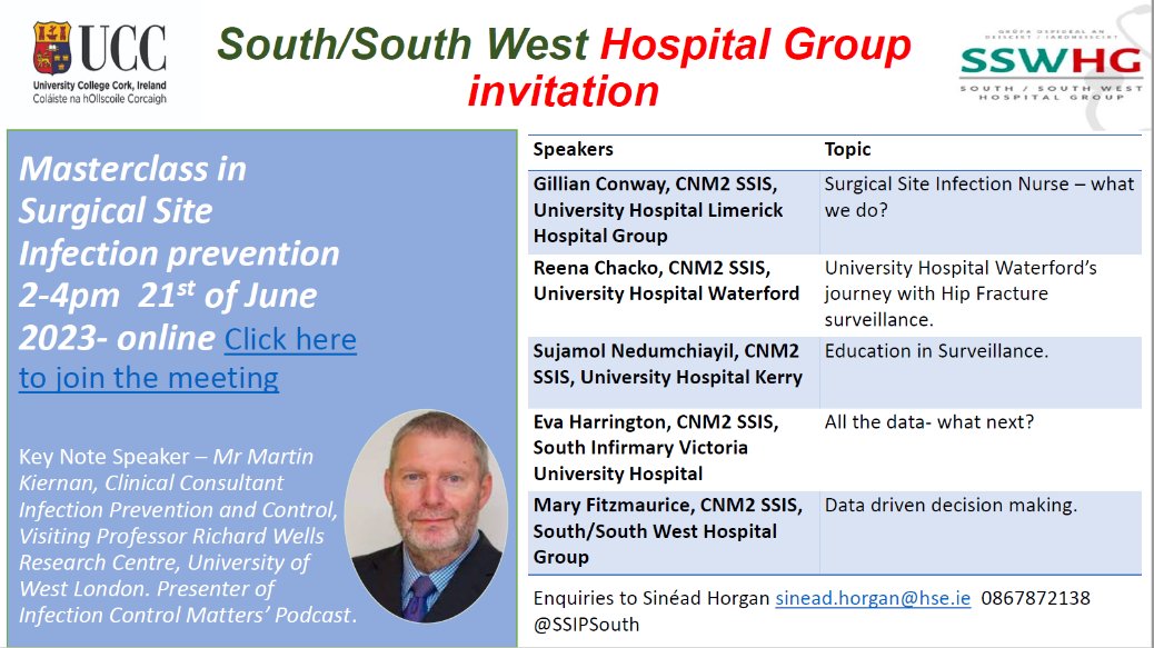 Looking forward to an excellent lineup for an online masterclass in surgical site infection prevention Wednesday 21st at 2pm <a href="/SSIPSouth/">SSI Prevention South</a> <a href="/BridAOSullivan/">Bridie O'Sullivan</a> <a href="/SineadHorgan1/">Sinead Horgan</a> <a href="/SSWHGHSE/">South/South West Hospital Group</a> @MaryFitzm12 <a href="/ReenaChackoIPCN/">Reena Chacko</a> with keynote speaker Martin Kiernan <a href="/emrsa15/">Martin Kiernan</a>  teams.microsoft.com/l/meetup-join/…