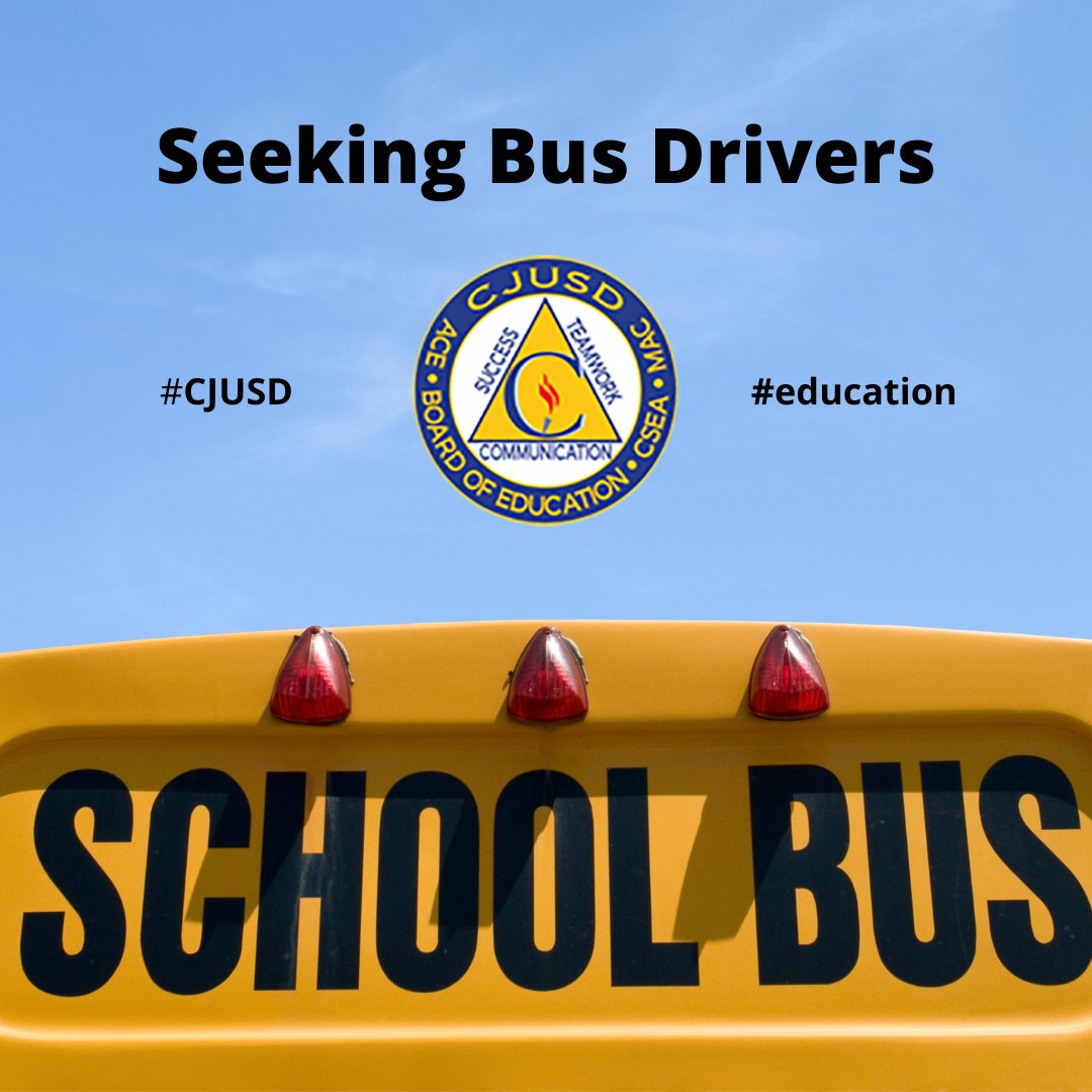 Join our awesome #CJUSD team as a bus driver and receive at least 7 hours per day guaranteed, 100% district-paid family medical and dental benefits and a $3,500 signing bonus. Apply online only at edjoin.org/Home/DistrictJ…