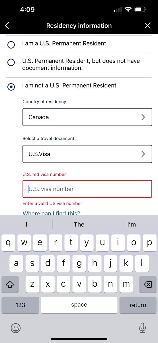 DotNM's tweet photo. @united Can you please add an option for Canadians with US visas that do not have visa numbers but are stamped in passports - L1/L2 and TN1/TD visas?  Really annoying that we can’t check in on the app before our flights. https://t.co/bJnuf0D1se