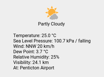 Sat 14:00: Partly Cloudy; Temp 25 C; Wind NNW 20 km/h; Humidity 25%; Press 100.7 kPa / falling.