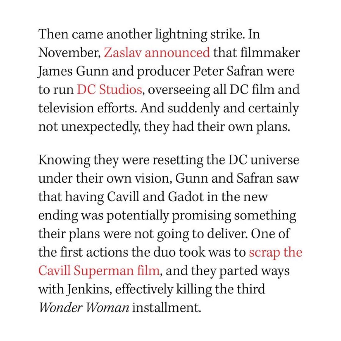 So basically De Luca and Abdy tried to fix the mess of the DCEU, they brought Cavill and Affleck back to cameo in the 2023 slate to set up future movies for them. But Gunn was hired and wanted his own Superman so fired Cavill and removed the cameos from Flash then lied about it.