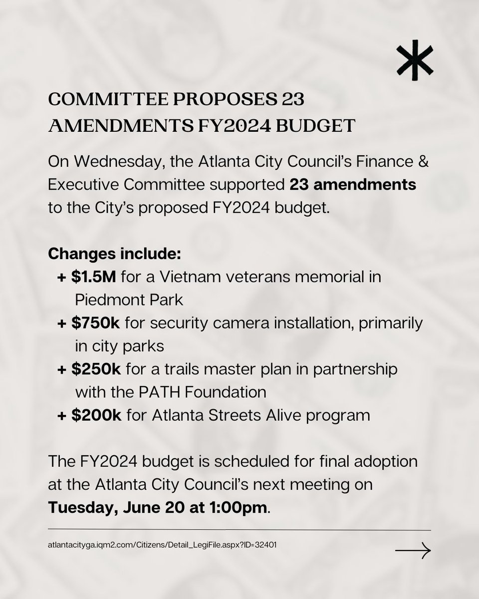 (2/19) Changes include:
+ $1.5M for Vietnam veterans memorial in @piedmontpark
+ $750k for security camera installation, primarily
in @ATLParksandRec
+ $250k for a trails master plan in partnership
with the @PATHFoundation
+ $200k for @ATLStreetsAlive

atlantacityga.iqm2.com/Citizens/Detai…