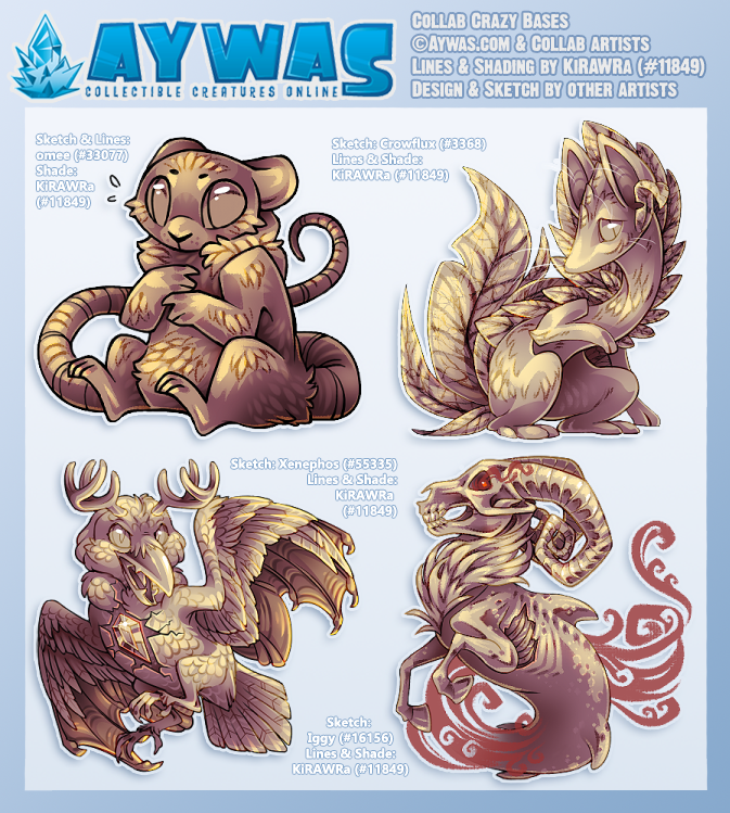 KiRAWRart's tweet photo. A bunch of bases from Aywas that I collaborated on with other artists! Most of these were done for the Collab Crazy event back in February.
๐
#aywas #artcollab #virtualpets #fantasyart #digitalart #animalart https://t.co/FiG3ffqSNk