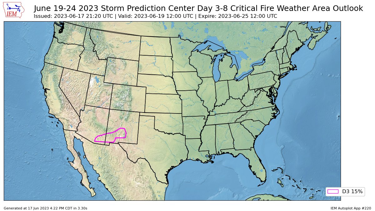 The Storm Prediction Center issues Day 3-8 Fire Weather Outlook at Jun 17, 21:20z spc.noaa.gov/products/exper…