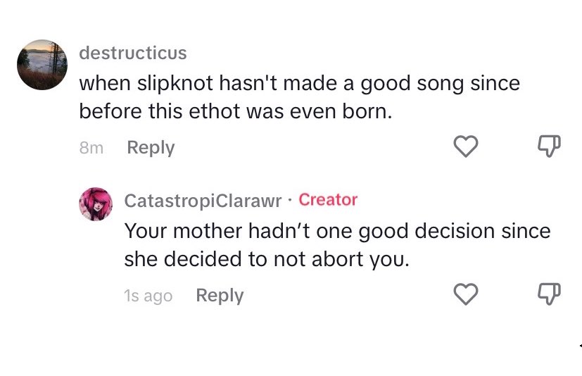 CatastropiClara's tweet photo. I love TikTok😌 everyone so kind😌
#TikToker #staytoxic #slipknotfan https://t.co/qouTaaI5WL