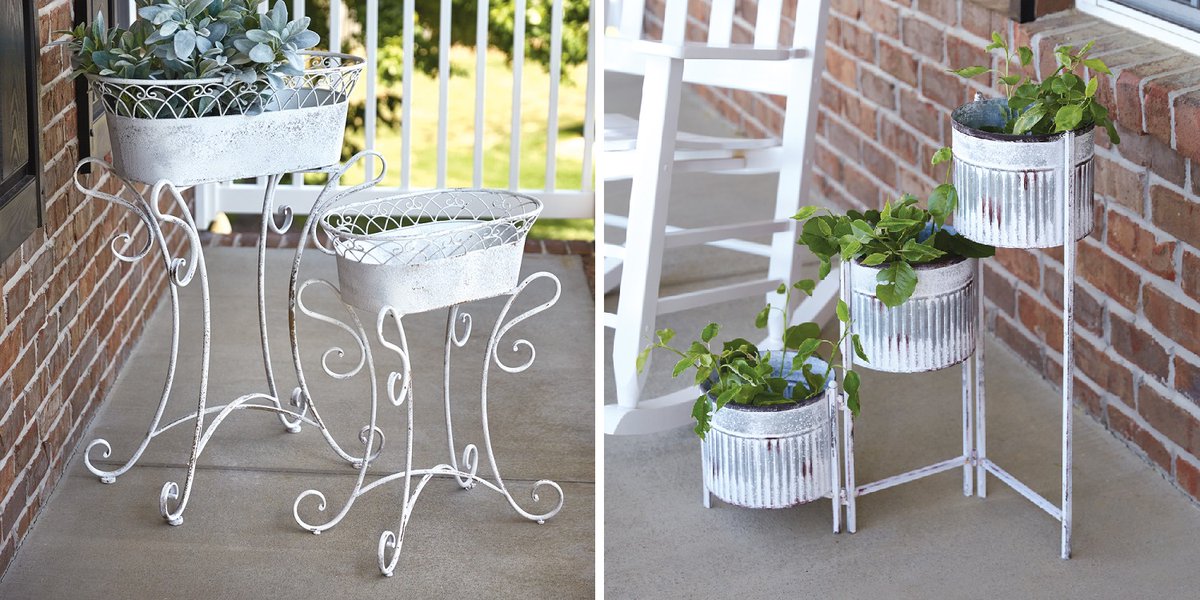 New: Scrolled Metal Planters - Set of 2 & Folding Metal Plant Stand: relaxedcottageliving.com/Outdoor-Access… #frenchcountry #porch #FarmhouseDecor