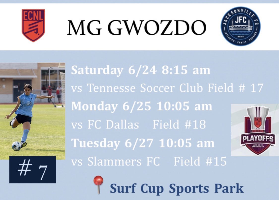 mg (@mggwozdo) on Twitter photo So exited to take the field with <a href="/JFC2007ECNL/">JFC2007ECNL</a> at <a href="/ECNLgirls/">ECNL Girls</a> Nationals next week!! I hope you’ll be there!
<a href="/DukeWSOC/">Duke Women's Soccer</a> <a href="/VandySoccer/">Vanderbilt Soccer</a> <a href="/UGASoccer/">Georgia Soccer</a> <a href="/GVSUsoccer/">GVSU Soccer</a> <a href="/PrincetonWSoc/">Princeton WSoccer</a> <a href="/DavidsonWSoc/">Davidson Women's Soccer</a> <a href="/WakeWSoccer/">Wake Women's Soccer</a> <a href="/CofCWSOC/">Charleston Women's Soccer</a> <a href="/GamecockWSoccer/">South Carolina Women’s Soccer</a> <a href="/UNCGWSoccer/">UNCG Women's Soccer</a> <a href="/umichwsoccer/">Michigan Women’s Soccer</a> <a href="/USYNT/">U.S. Soccer YNT</a> So exited to take the field with <a href="/JFC2007ECNL/">JFC2007ECNL</a> at <a href="/ECNLgirls/">ECNL Girls</a> Nationals next week!! I hope you’ll be there!
<a href="/DukeWSOC/">Duke Women's Soccer</a> <a href="/VandySoccer/">Vanderbilt Soccer</a> <a href="/UGASoccer/">Georgia Soccer</a> <a href="/GVSUsoccer/">GVSU Soccer</a> <a href="/PrincetonWSoc/">Princeton WSoccer</a> <a href="/DavidsonWSoc/">Davidson Women's Soccer</a> <a href="/WakeWSoccer/">Wake Women's Soccer</a> <a href="/CofCWSOC/">Charleston Women's Soccer</a> <a href="/GamecockWSoccer/">South Carolina Women’s Soccer</a> <a href="/UNCGWSoccer/">UNCG Women's Soccer</a> <a href="/umichwsoccer/">Michigan Women’s Soccer</a> <a href="/USYNT/">U.S. Soccer YNT</a>