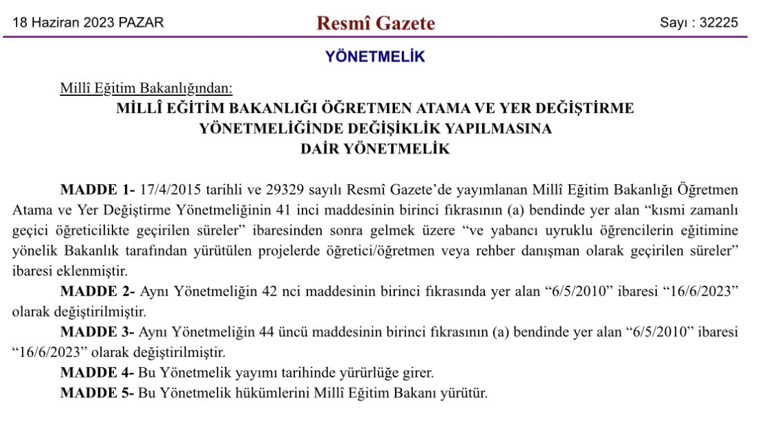 Milli Eğitim Bakanlığı Milli Eğitim Bakanlığı olalı bu  kadar hızlı bir şekilde verilen bir kararın hemen resmi gazetede yayınlandığını görmedi galiba . Bu Baka <a href="/Yusuf__Tekin/">Yusuf Tekin</a> 'in öğretmen sorunlarına dair ve öğretmenlere  verdiği değerin göstergesidir.