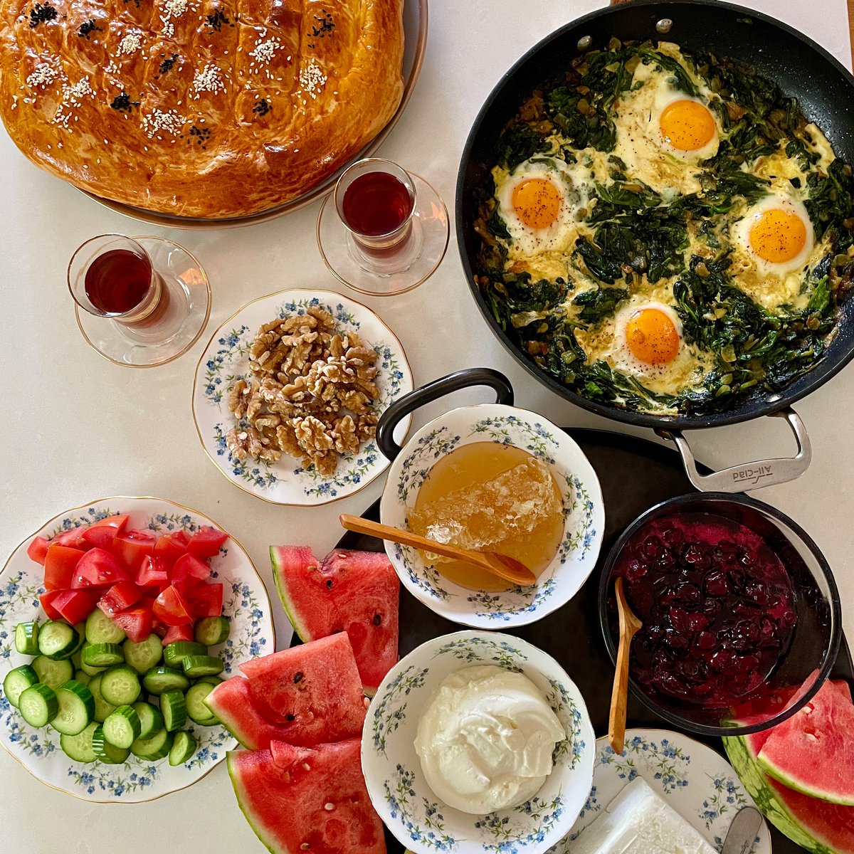 Another amazing virtual cooking class @civickitchensf . Iranian-style brunch. Such a great and enthusiastic group. We prepared naan-e shirmal (milk bread) from scratch; sour cherry jam (also from scratch); nargesi (narcissus spinach eggs); Iranian-style tea; and all the sides.