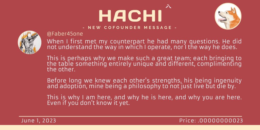 RealHachiToken's tweet photo. - new cofounder message -
@Faber45one @0xAramis
#RealHachi #Hachiko $HACHI
https://t.co/YJFRJ7FCIp ๐ค https://t.co/c3ZNkf1Wl8