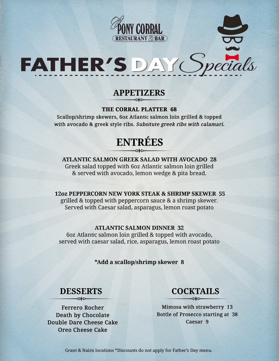 Celebrate #FathersDay day this Sunday at the #PonyCorral!
Call now to make your reservations at your favorite location
And treat Dad to a fabulous breakfast, lunch or dinner.

And be sure to bring #Dad to the original Sunday Night Cruise at the Grant Park Pony starting at 4pm.