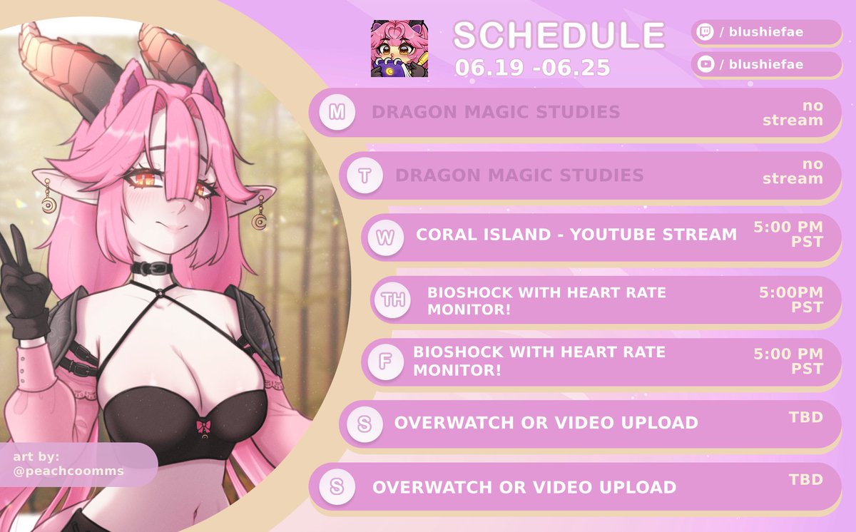 🐉🍔
SCHEDULE 06.19-06.25

The Summer Blush Fest continues! I wonder if I will finish Bioshock by Friday?!