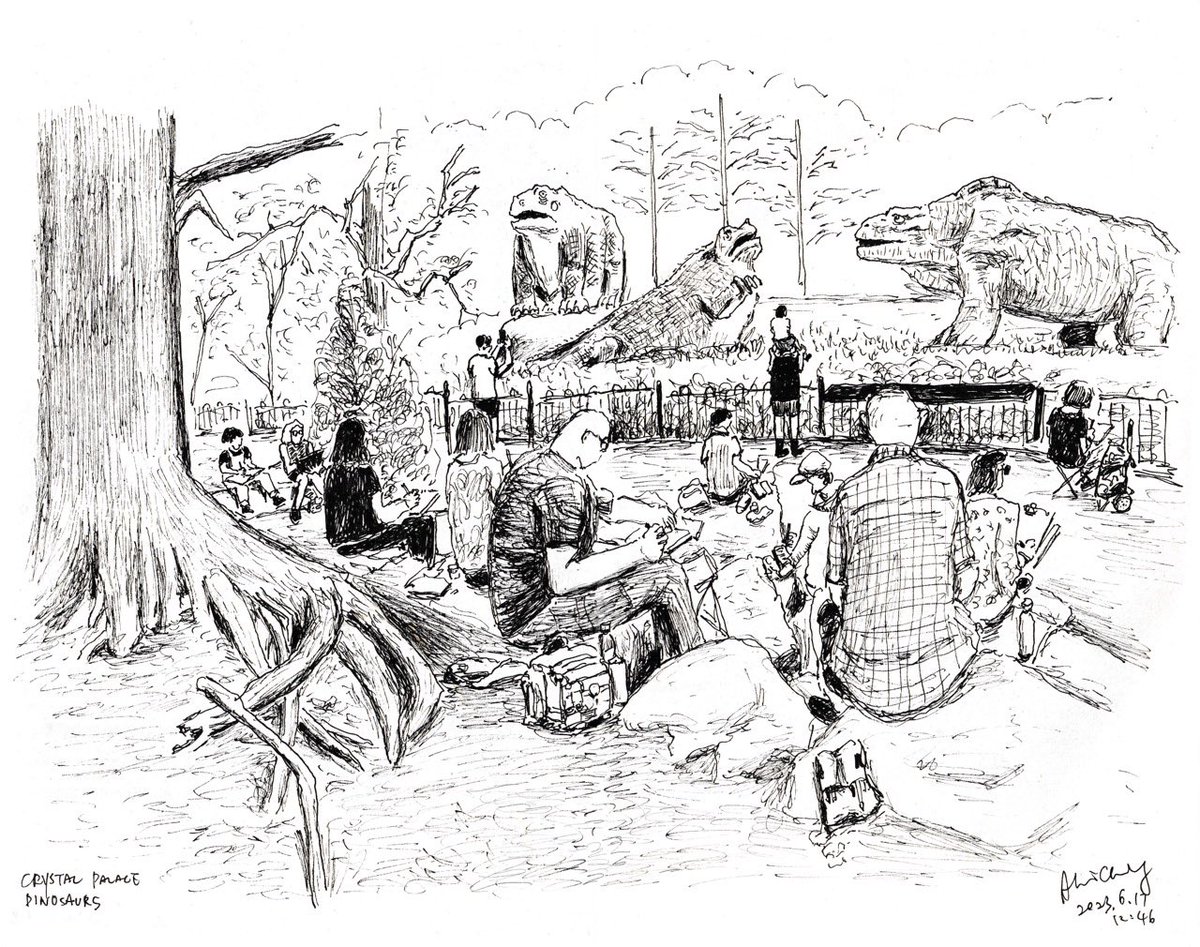 Life drawing of dinosaurs in Crystal Palace Park, held by @UrbSketchLondon . @cpp_friends @cpdinosaurs @CPParkTrust #moleskine #illusrtationartist