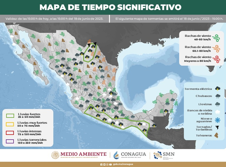 conagua_clima's tweet photo. ⛈️  Para las próximas 24 horas se pronostican #Lluvias y #Vientos fuertes, #Torbellinos y #Tolvaneras, en las próximas 24 horas  ⬇️ https://t.co/zy14cAGkkn