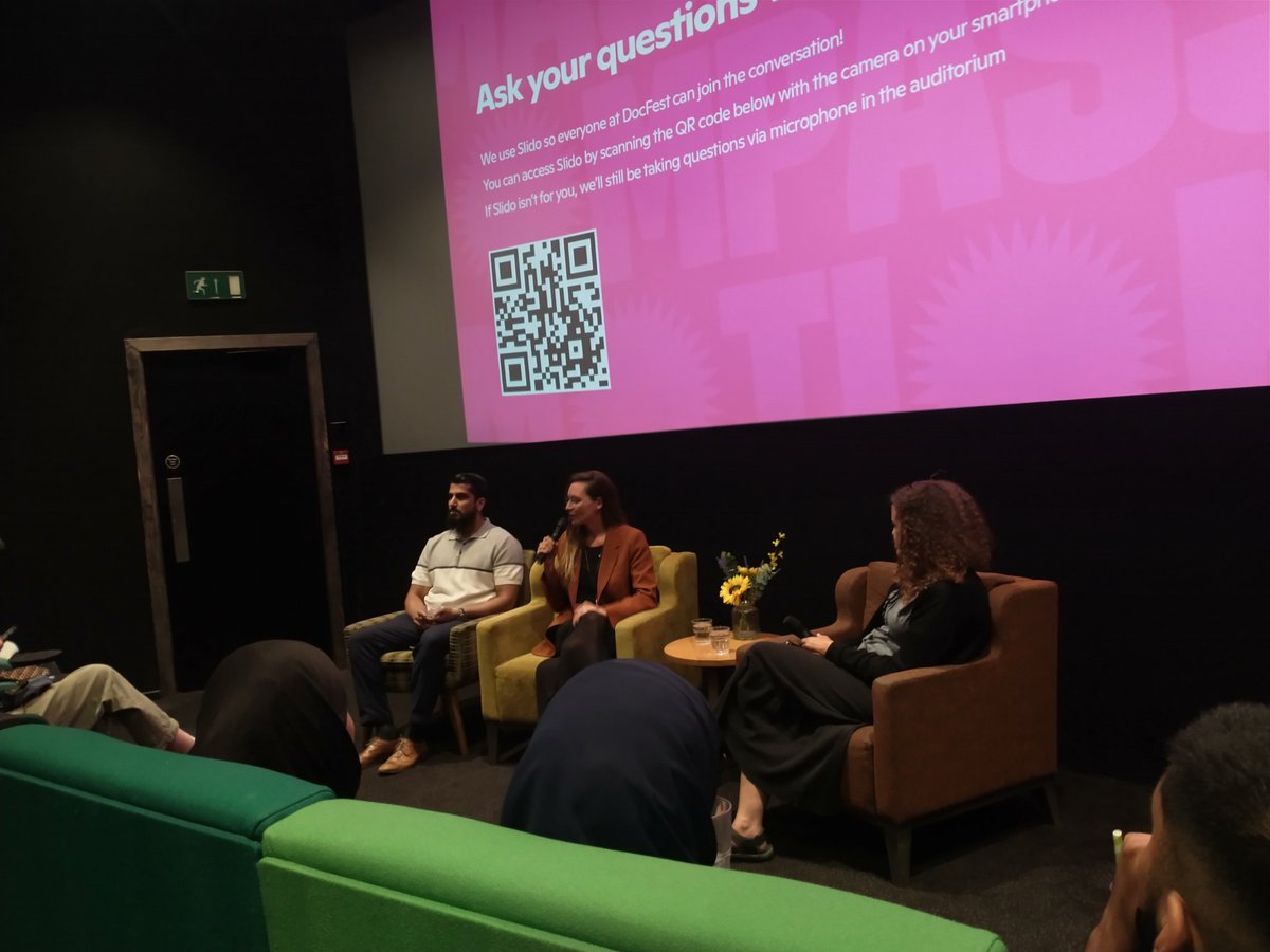CAGEintl's tweet image. Mohammed Rabbani and Director of Phantom Parrot,  Kate Stonehill talking after the showing of the documentary.  
#SheffDocFest2023