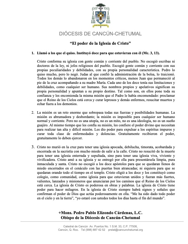 MENSAJE DOMINICAL
Onceavo Domingo del Tiempo Ordinario

Muy buenas tardes, te compartimos el mensaje dominical de nuestro obispo Mons. Pedro Pablo Elizondo Cárdenas, LC. para este Domingo 11 de Junio del 2023

¡Gracias por difundir!

Todos Juntos Hacemos El Camino