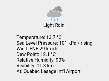 Sat 17:43: Light Rain; Temp 13.7 C; Wind ENE 29 km/h; Humidity 90%; Press 101 kPa / rising.