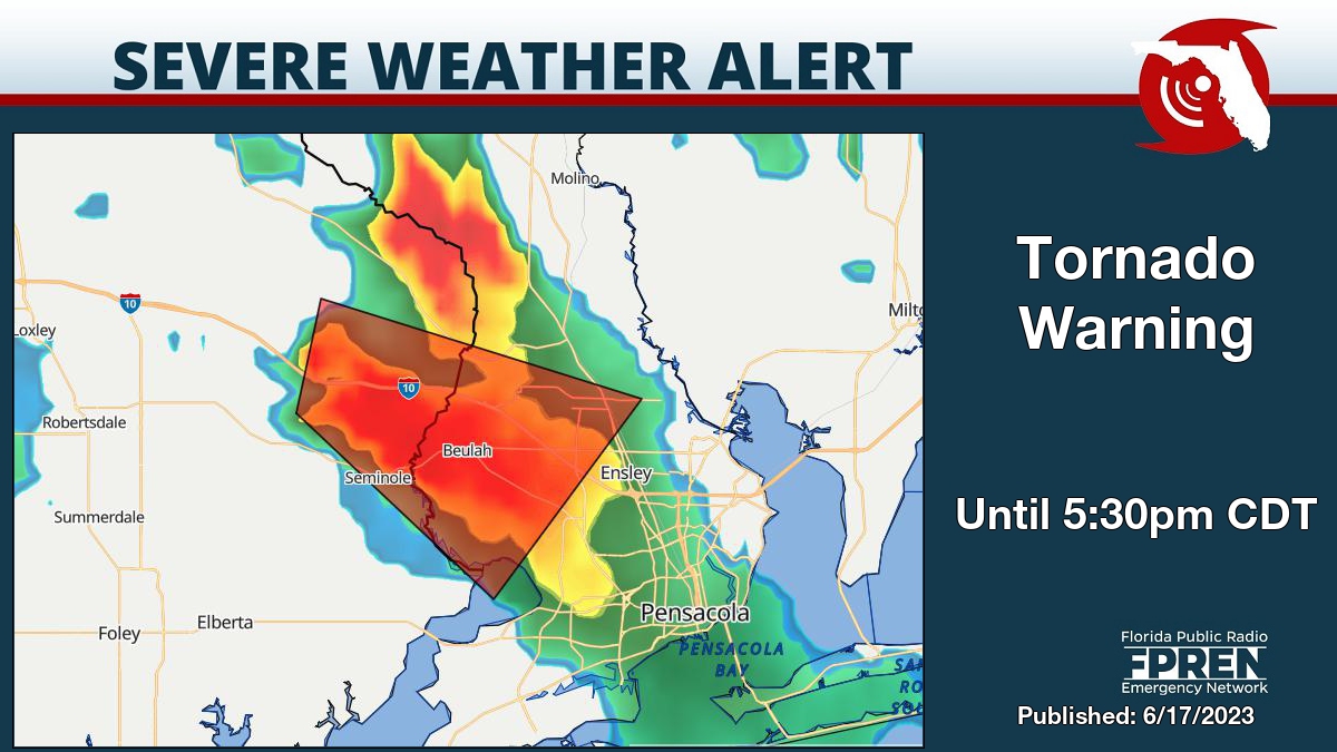 Tornado Warning for Escambia County until 5:30pm CDT. Details on the Florida Storms app. #flwx