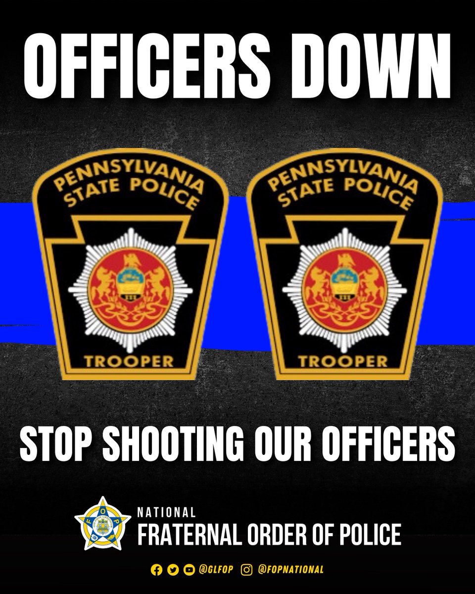 🚨 UPDATE — TWO OFFICERS DOWN: Two Pennsylvania State Police Troopers were shot today in Juniata County. One trooper succumbed to his injuries and the second was transported to a local hospital with serious injuries.

Please pray for the family and friends of the two PSP Troopers