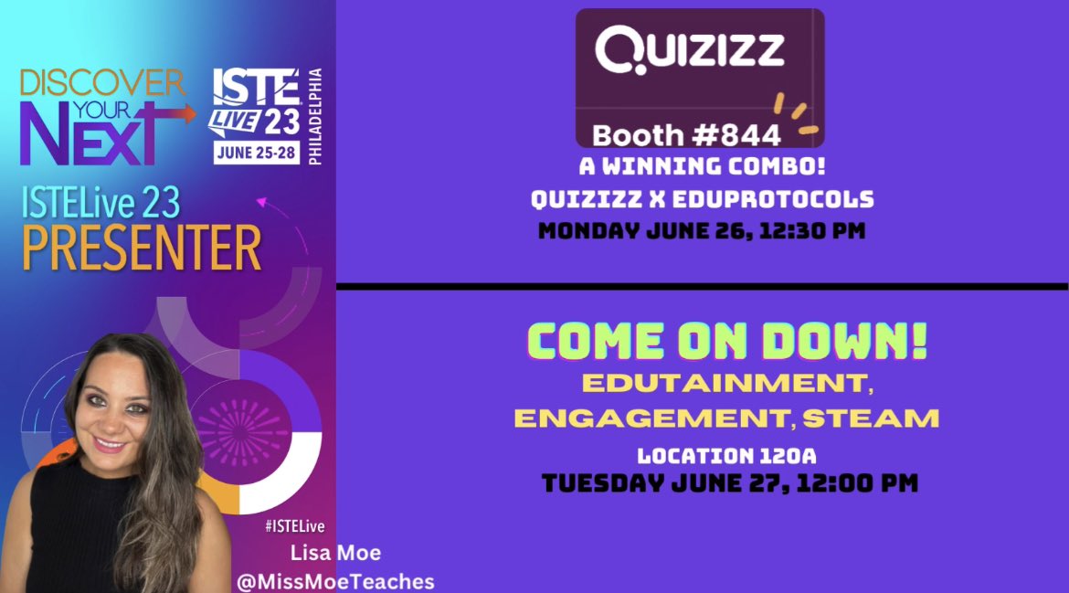 2 Sessions….2 Days!

Join me at Booth #844 Monday, 6/26 12:30 PM for a WINNING combo  @eduprotocols + @quizizz 

AND 

Tuesday, 6/27 12:00-1:00 PM Room 120A for an EPIC session…gameshow style! Prizes, Giveaways, and fueling the spark back to your classroom! #ISTELive