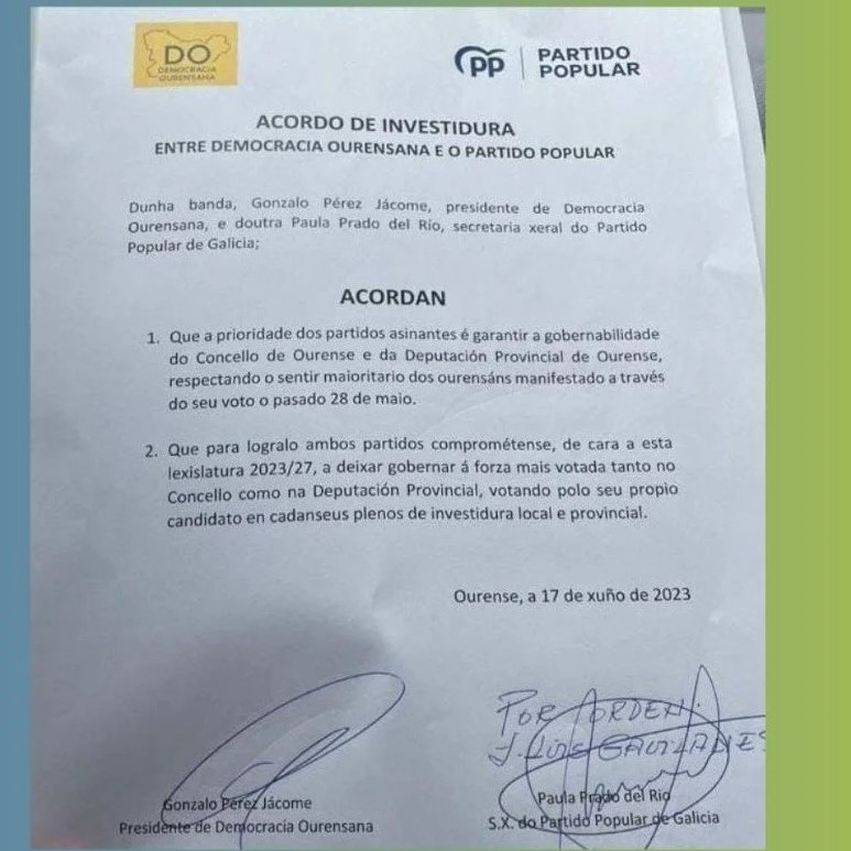 El 11 de mayo el PP denunció ante la fiscalía a Gonzalo Pérez Jácome, alcalde Ourense y su ex socio, por 6 presuntos delitos. Ayer el PP y Jácome firmaron un pacto para repartirse el ayuntamiento y la Diputación. La política de Ourense nunca defrauda. Y esto es difícil de superar