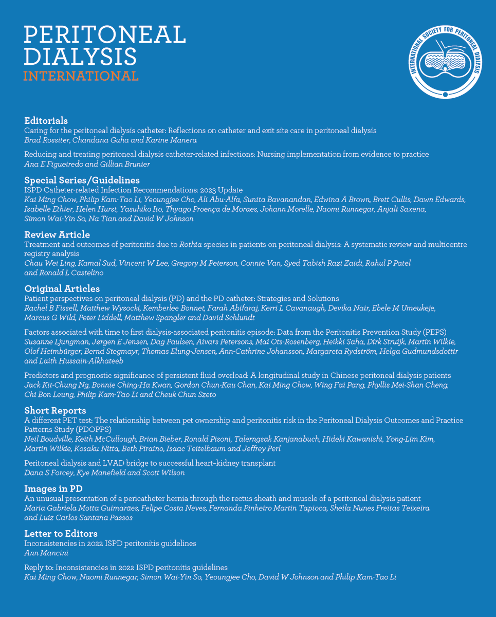 New Issue Alert - @PDI_Journal @ISPD1 
May 2023
🔗: ow.ly/kQvl50ORbuE
👤: Editor in Chief: @PD_Perls 
📷: Visual Abstract: @edgarvlermamd @jmteakell 
#PeritonealDialysis #HomeDialysis