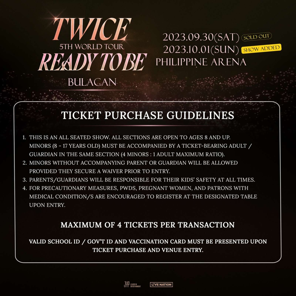 Get ready, Once 🫰🏼 Ticket selling for Day 2 of TWICE's 5TH WORLD TOUR 'READY TO BE' in Bulacan starts TODAY, 12pm at smtickets.com and SM Tickets outlets! Online waiting room starts at 11:45am.

📆Sept 30 (SOLD OUT) & Oct 1
📍Philippine Arena