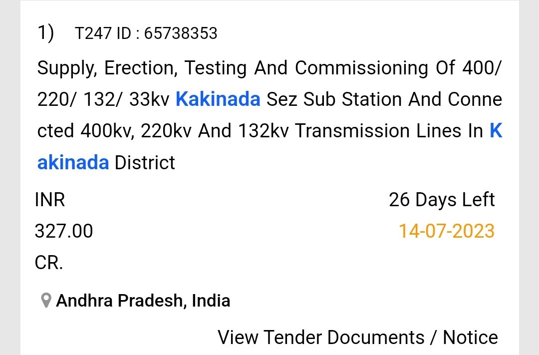 Tenders are Floated for Supply Erection Testing &amp; Commissioning Of 400/220/132/33KV Sub stations at #KakinadaSEZ.