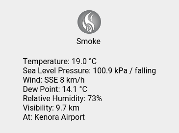 wc_kenora's tweet photo. Sat 22:00: Smoke; Temp 19 C; Humidity 73%; Press 100.9 kPa / falling. https://t.co/DuFn7Oso9N