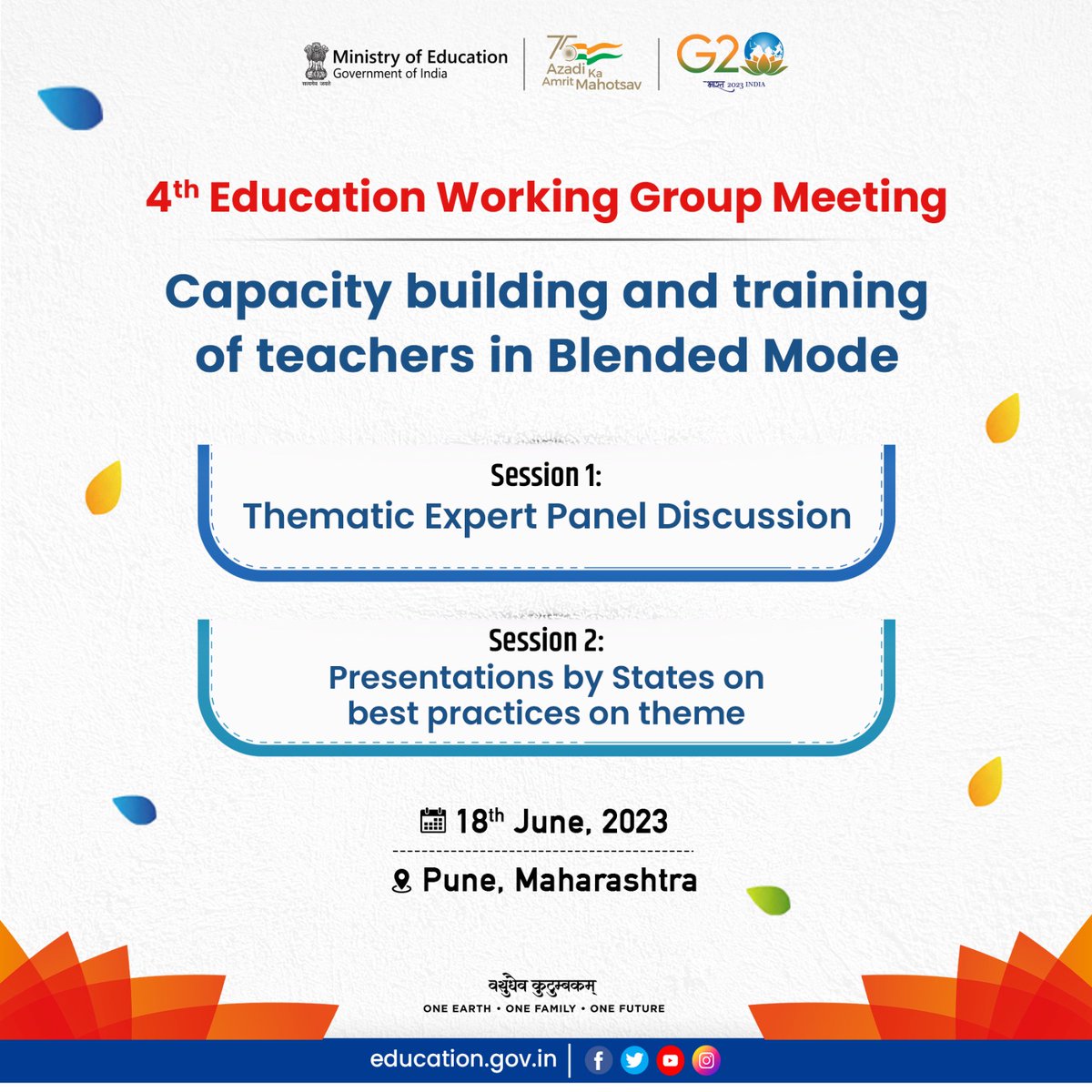 #G20India: The second day of the two day FLN conference, here at Pune at the 4th EdWG promises two exciting sessions today. States from all over the nation will showcase the best practices followed by them, on the theme of the event.

#G20Edu4all #G20janbhagidari #G20Pune…