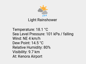 wc_kenora's tweet photo. Sat 17:49: Light Rainshower; Temp 18.1 C; Humidity 80%; Press 101 kPa / falling. https://t.co/NOR0ND37nQ