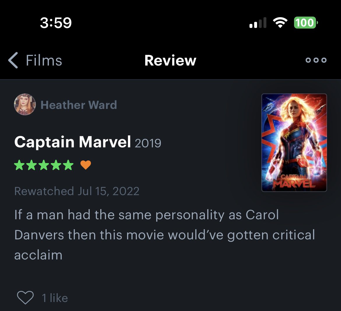 My hot take on Captain Marvel. If it had been a man doing literally everything she did then there would’ve been no complaints. Also, if it had been a man wanting more diversity in who was reviewing his movies, he would’ve been praised as a hero.