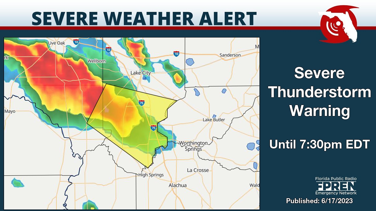 Severe Thunderstorm Warning for Columbia and Suwannee County until 7:30pm EDT. Details on the Florida Storms app. #flwx