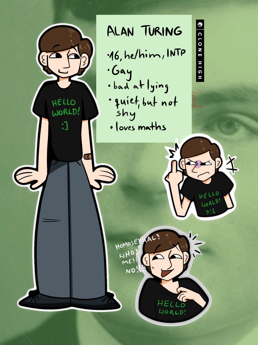 Toastmrold's tweet photo. Idk how Twitter works...
Anyway, fan clone!
This is Alan Turing, I might do some more
Anyway, ignore the design, I'm really bad at character design lmao
Ask anything about him, idk
#clonehigh #fanclone #alanturing #ocart #fanart https://t.co/c80LhPUIeI