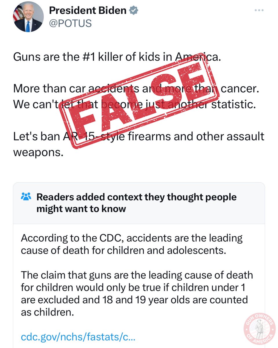 FINALLY! 👏 Thank you to Twitter and the @CommunityNotes team for labeling this blatant misinformation from @JoeBiden and the anti-gun left.