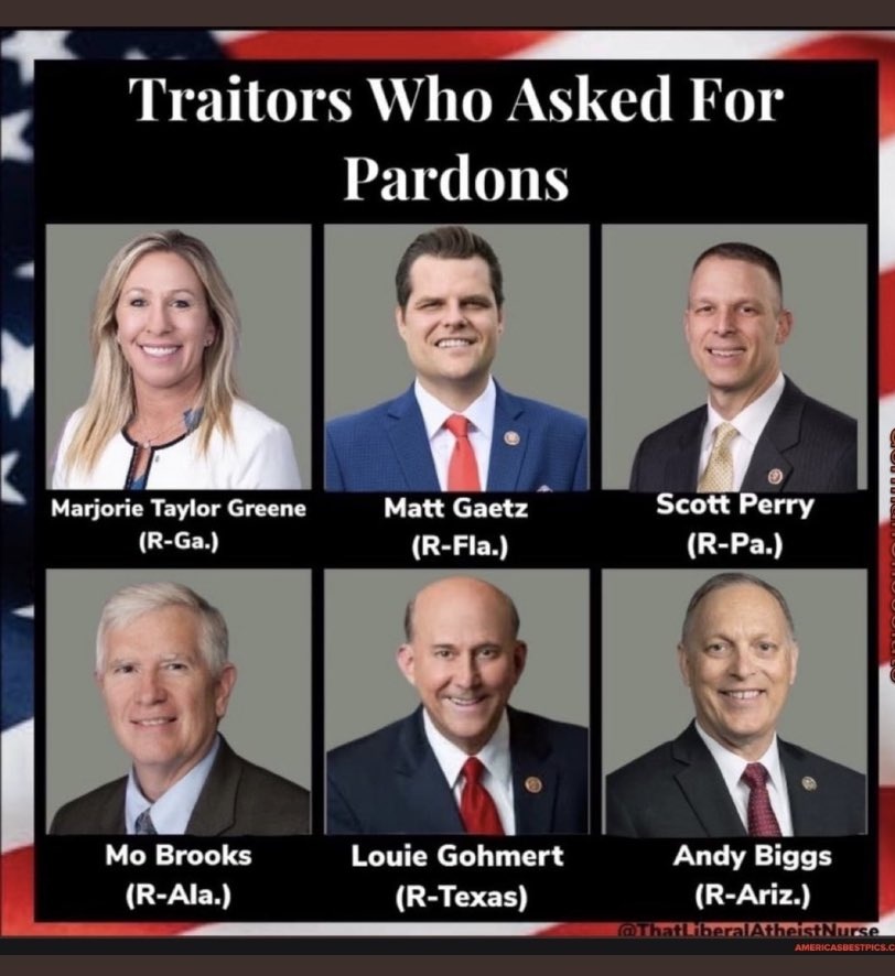 @gemluvr257 @patriottakes @meiselasb So #GOPTraitors 
@RepBrianBabin @RepAndyBiggsAZ @RepMattGaetz @CongressmanHice @replouiegohmert @RepGosar @RepAndyHarrisMD @Jim_Jordan @RepScottPerry @RepMTG @mtgreenee @laurenboebert
Are freaking out and spewing lies because they know THEIR indictments are next ⬇️