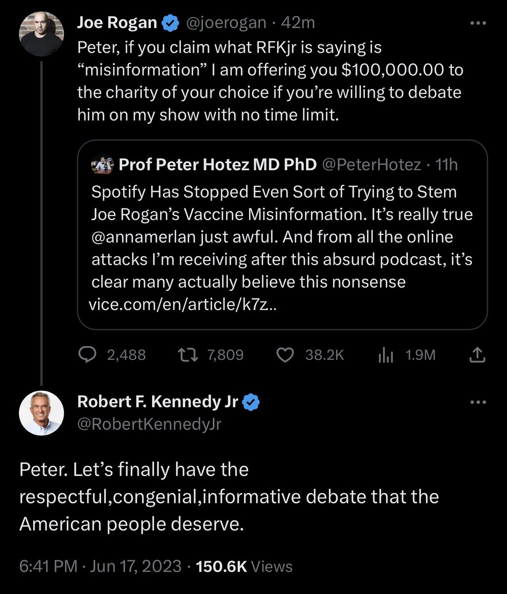 🔥 Joe Rogan just challenged Peter Hotez to debate RFK

What a time to be alive!