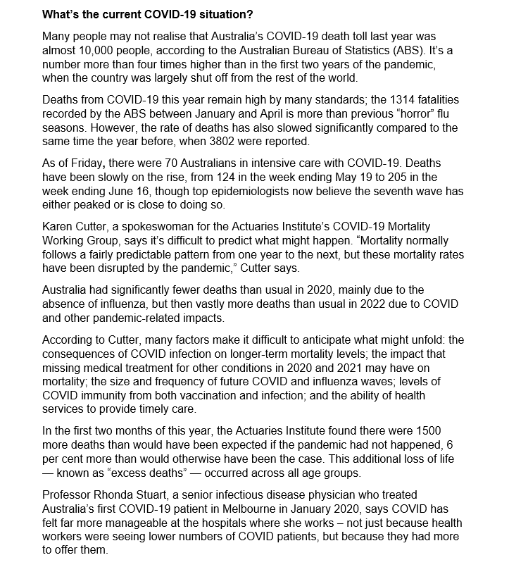 BigBadDenis's tweet photo. (1/2) Australia is in its 7th COVID wave. What’s next for the ‘Goldilocks virus’? By Aisha Dow and Henrietta Cook

"For many of us, COVID-19 will be nothing much more than a cold. Yet the virus continues to claim more lives in Australia than pneumonia and the flu combined." https://t.co/C6uAvNytfn