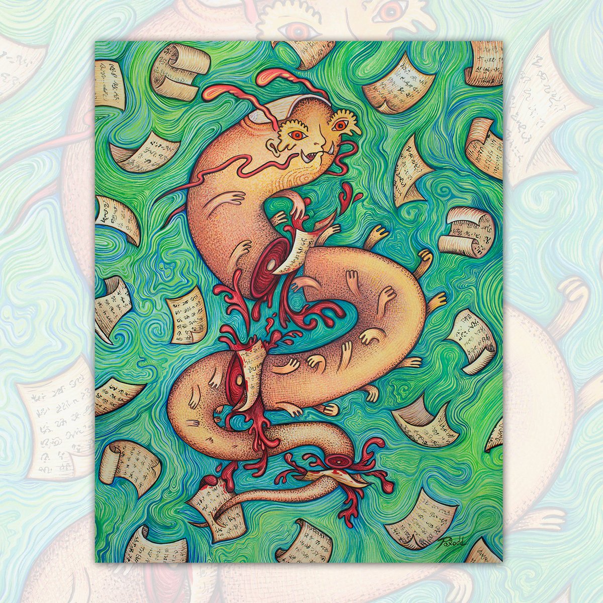 poxodd's tweet image. Watch yer fingers! Paper storm coming through 📜📜📜🐉 

😜 Finished this gouache painting recently🖌️🎨