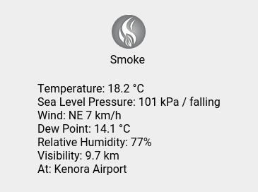 wc_kenora's tweet photo. Sat 18:21: Smoke; Temp 18.2 C; Humidity 77%; Press 101 kPa / falling. https://t.co/uURW9veeZ2