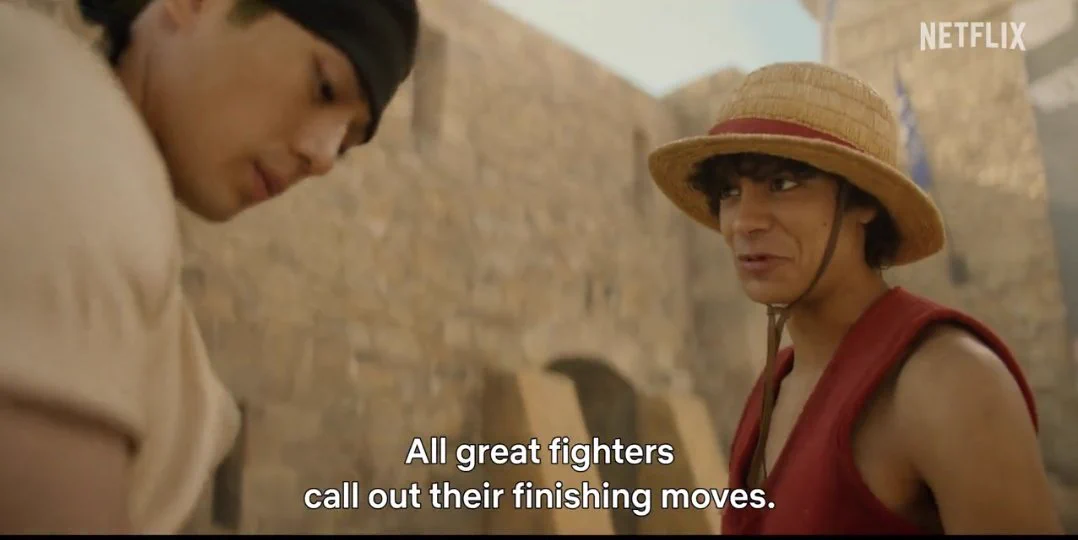Screenshot of the live action one piece trailer where luffy says "all great fighters call out their finishing moves"