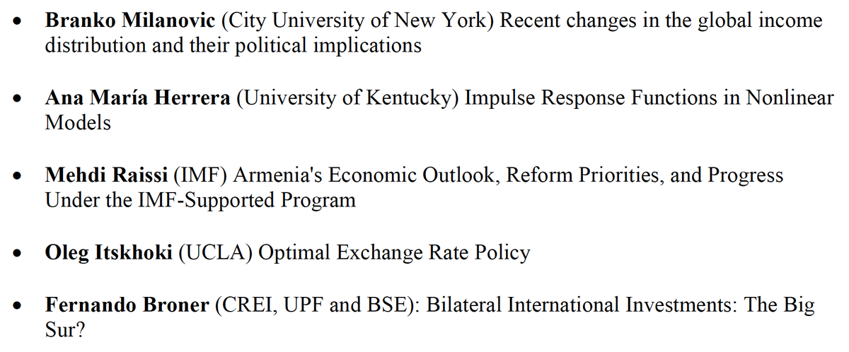 The program is up! Plz spread the word &amp; invite colleagues to register for hybrid/in-person sessions: aea.am/annual-meeting… || #ArmEA23

The keynotes and their topics are: <a href="/BrankoMilan/">Branko Milanovic</a> <a href="/itskhoki/">Oleg Itskhoki</a> <a href="/mraissi80/">Mehdi Raissi</a> &amp; Fernando Broner (CREI, UPF, BSE), Ana Maria Herrera (U Kentucky)