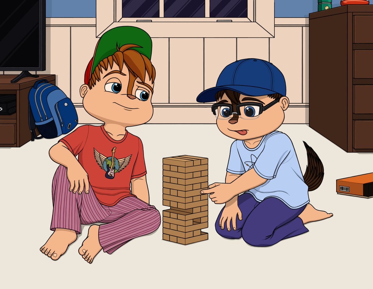 TheCreativeMunk's tweet image. After a long time working on this piece, I'm finally done with it. This is my first attempt in a while at using cel shading for my drawings. I'm still trying to figure it out 😅 hope you all like Alvin and Jordan playing Jenga. I really enjoyed bringing this cute scene to life 🥰