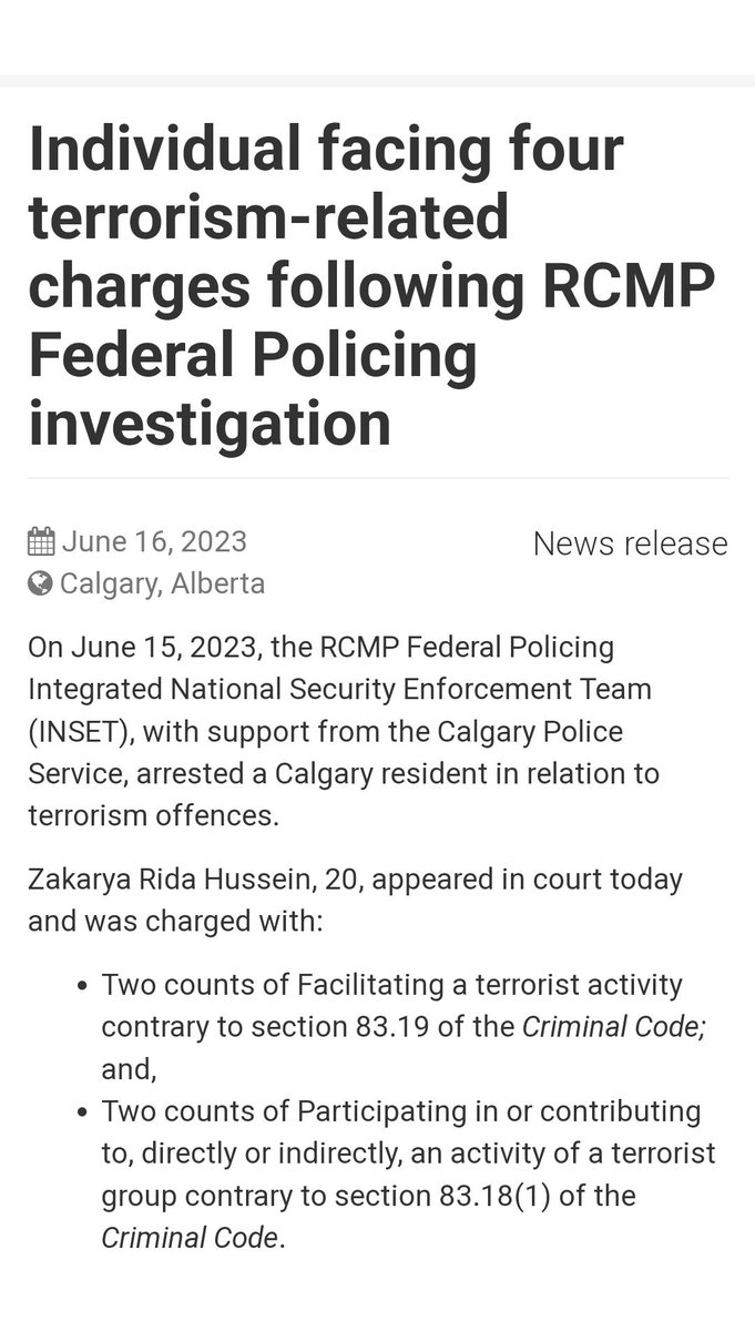 Holly! Calgarian charged with 4 counts of terrorism related charges.

Zakarya Rida Hussein of Calgary charged with facilitating terrorist activity & participating/contributing directly or indirectly with a terrorist group.

Something Jyoti Gondek should hold a presser on.
#yyc