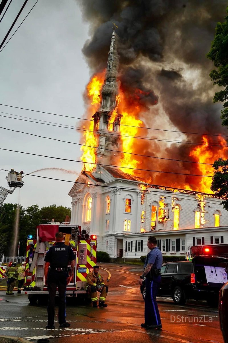 I am not sure how  I missed this story but a LGBTQ friendly church,  First Congregational Church of Spencer in Massachusetts was struck by lightning and burned to the ground at the beginning of Pride month. 

Only  a large bible survived the fire.😮
