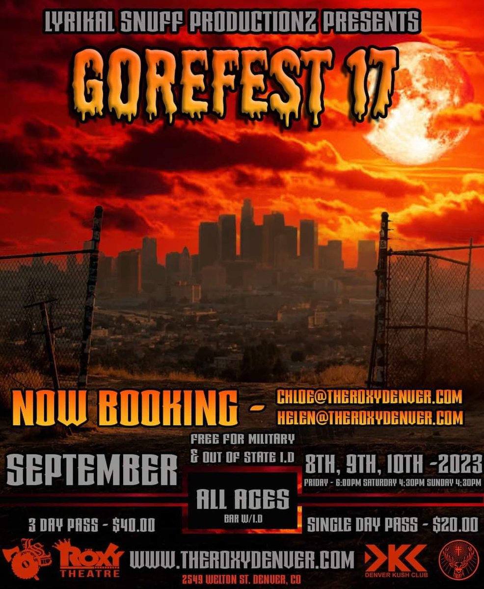 empty_skyze's tweet photo. We will be performing Day 1, Friday, September 8th, at 2023 Gorefest! Tickets available now! Willing to deliver within reason 👹👹 #gorefest #2023 #emptyskyze #roxytheatre #lyrikalsnuff #denver #colorado #ivoryswords #knowlove https://t.co/jj1A4FY6V9