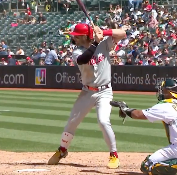 Jomboy Media on X: Bryce Harper was wearing yellow and green cleats today  in support of the Oakland A's fans  / X